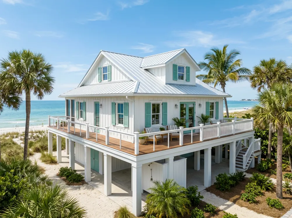 Renovated white beach house with seafoam shutters, metal roof, and wraparound deck
