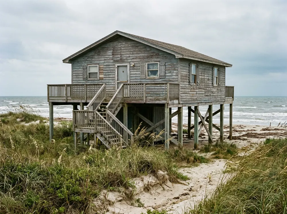Weathered wooden beach cottage on stilts with faded paint