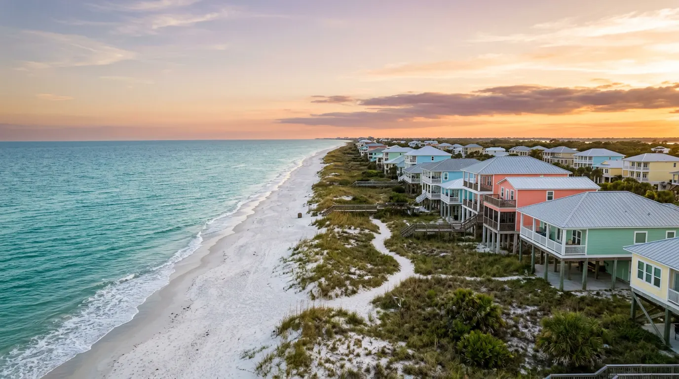 Aerial view of pastel beach houses on stilts along a turquoise Gulf of Mexico shoreline at sunset
