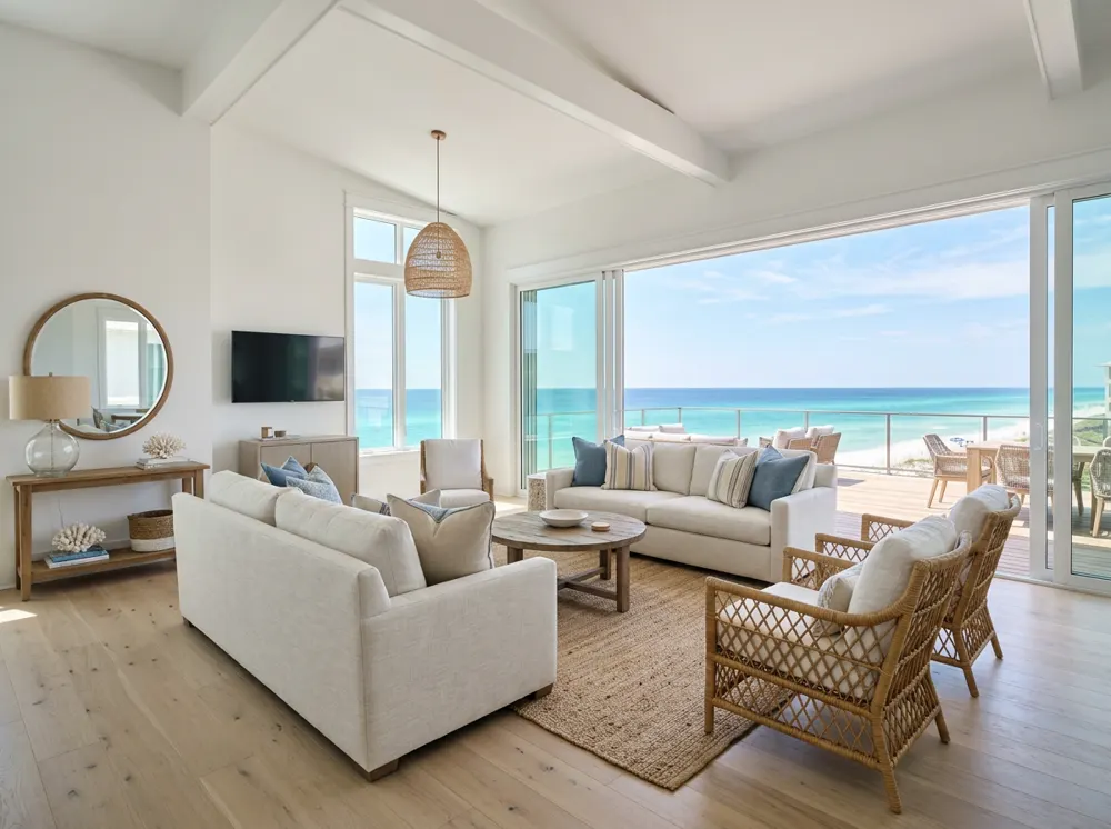 Bright renovated beach house living room opening onto a deck above the turquoise Gulf